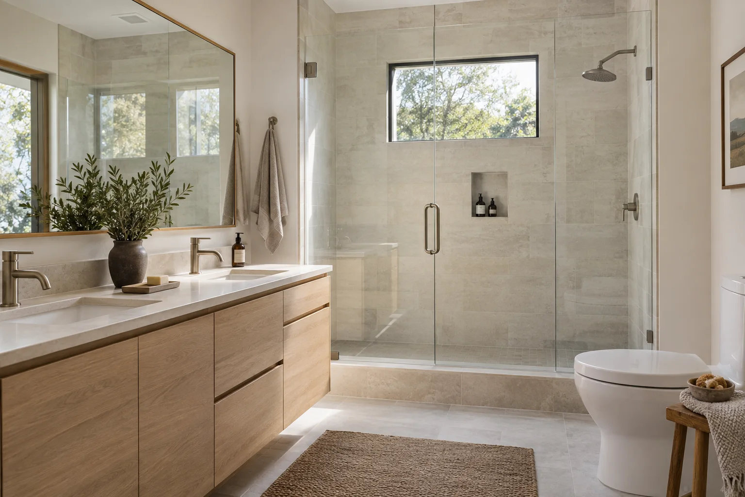 Concept image: oak vanity and light tiled bathroom
