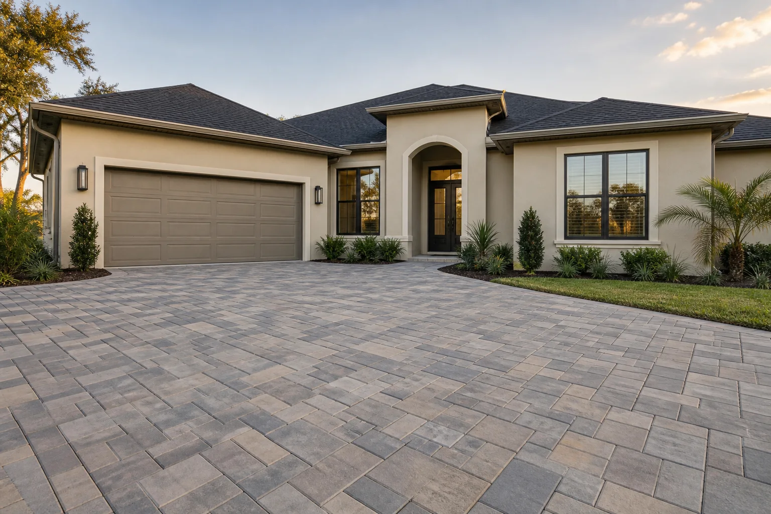 Concept image: gray paver driveway leading to a single-story stucco home