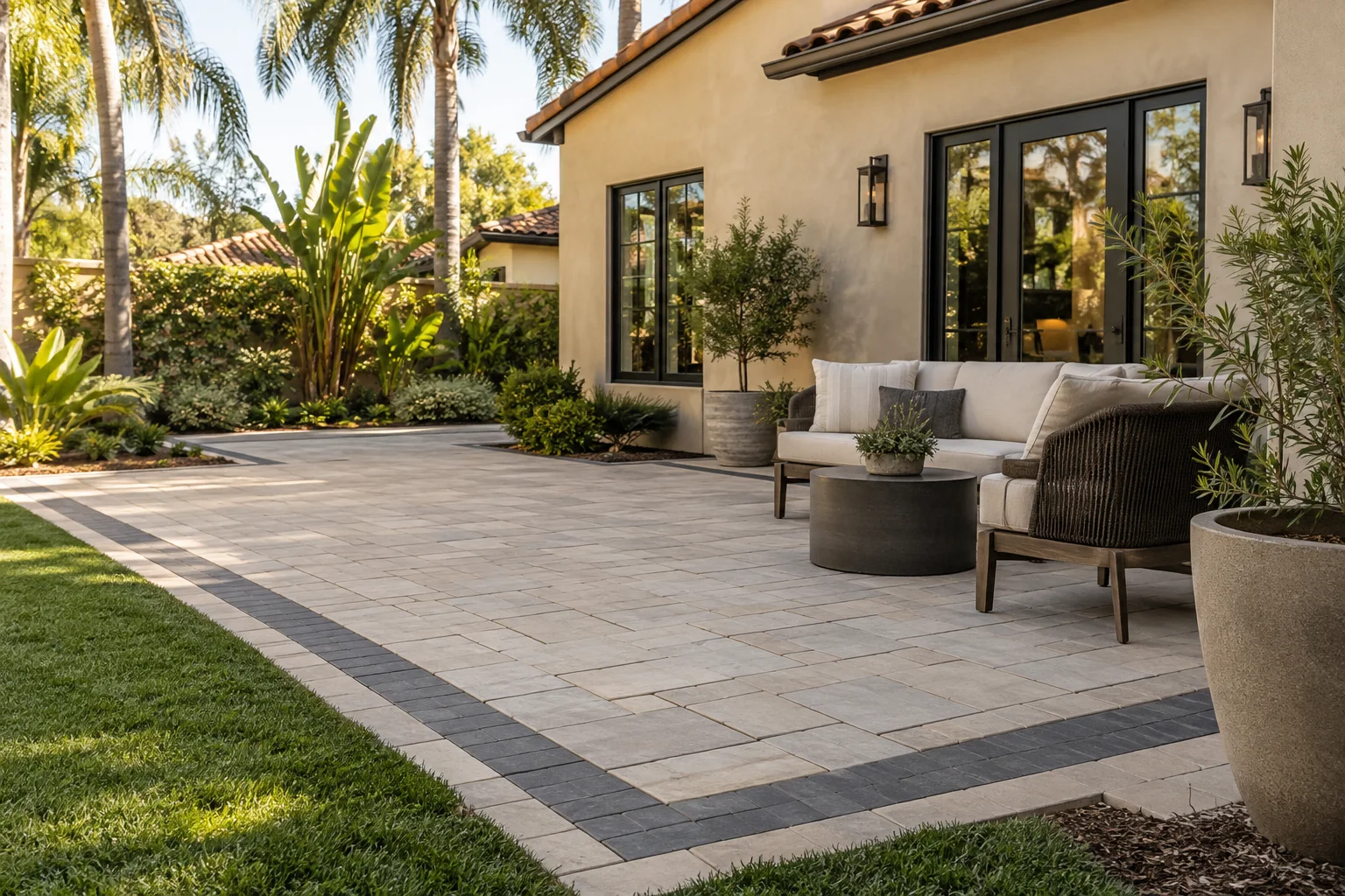 Concept image: paver patio with a small seating area and garden